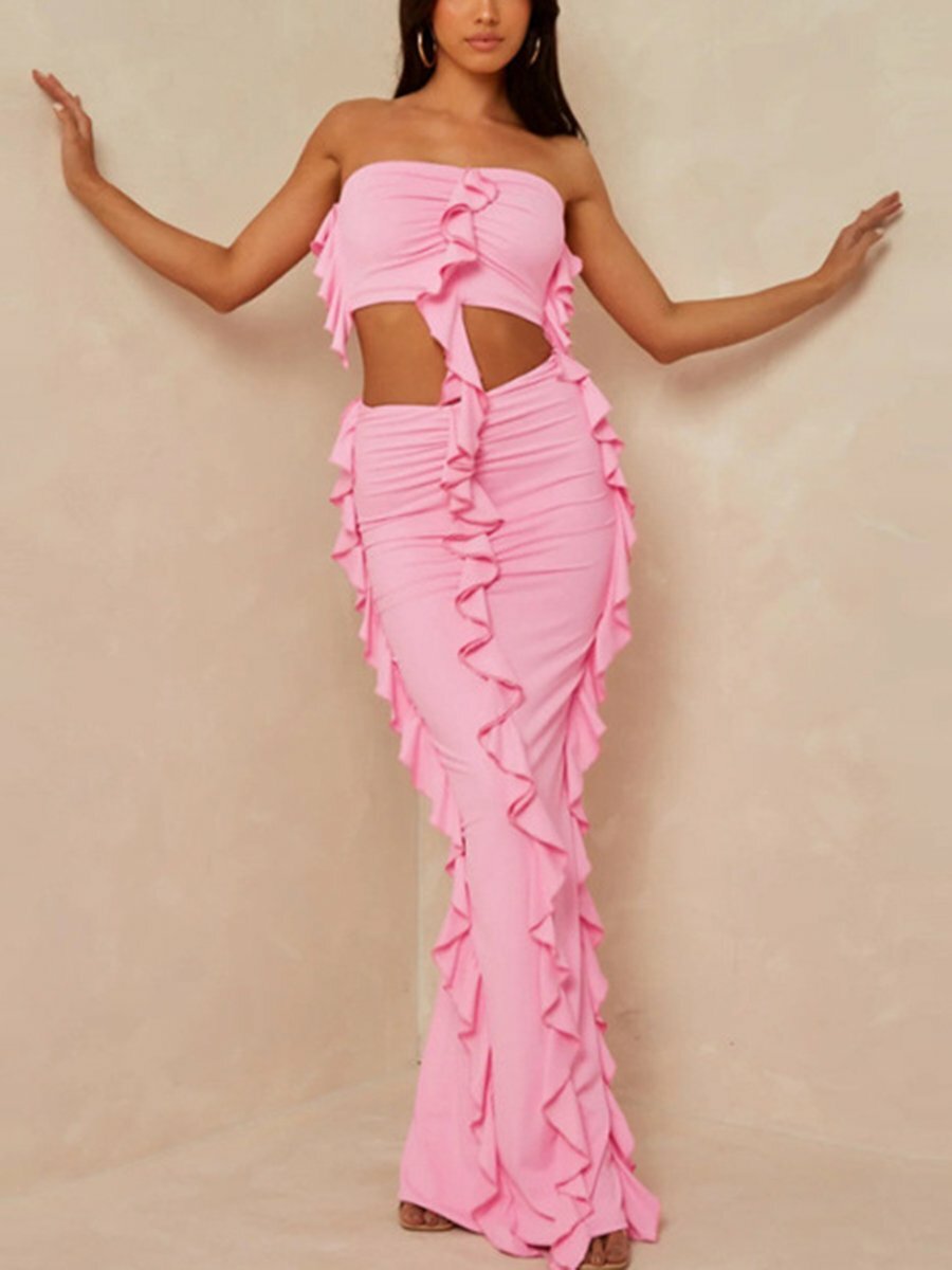 Ruffled Fringe Bandeau Top & Maxi Skirt Set - Y2K Coquette Aesthetic Outfit
