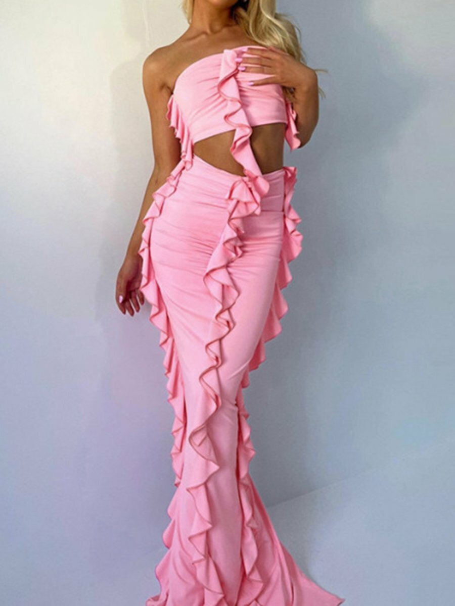 Ruffled Fringe Bandeau Top & Maxi Skirt Set - Y2K Coquette Aesthetic Outfit