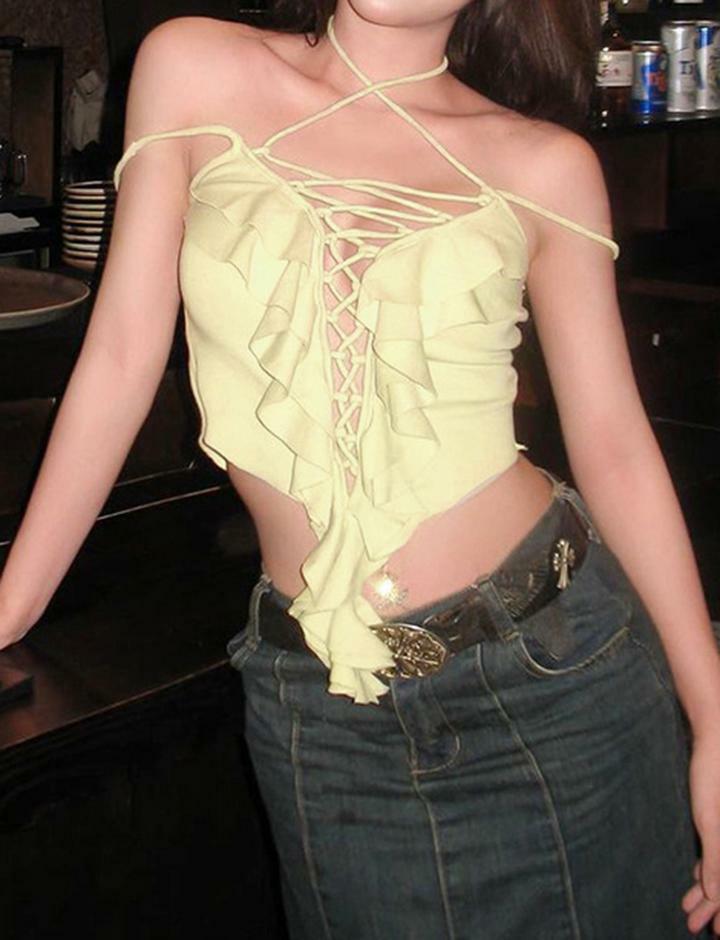 Ruffled Lace-Up Halter Camisole Top - Y2K Fashion, Coquette Aesthetic, Cute & Comfy Style