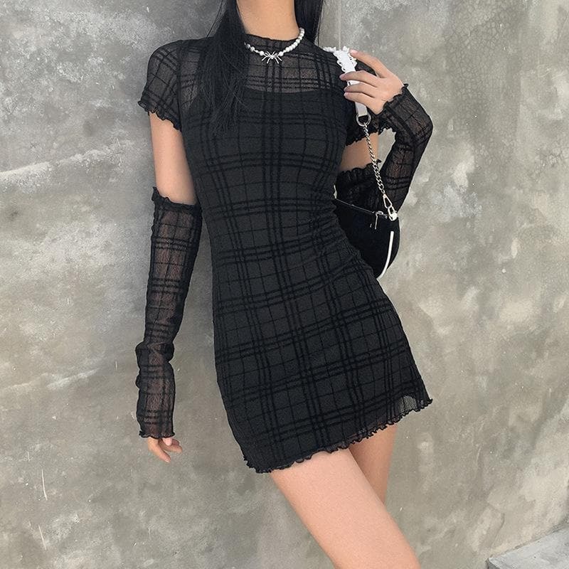 Ruffled Mesh Plaid Dress - Y2K Aesthetic, Coquette Style, Cute Fall Fashion
