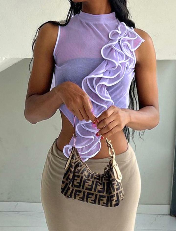 Ruffled Mesh See-Through Sleeveless Summer Vest - Y2K Aesthetic Cute Top for Comfy Outfits