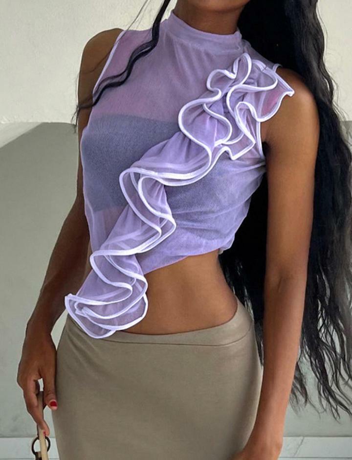 Ruffled Mesh See-Through Sleeveless Summer Vest - Y2K Aesthetic Cute Top for Comfy Outfits
