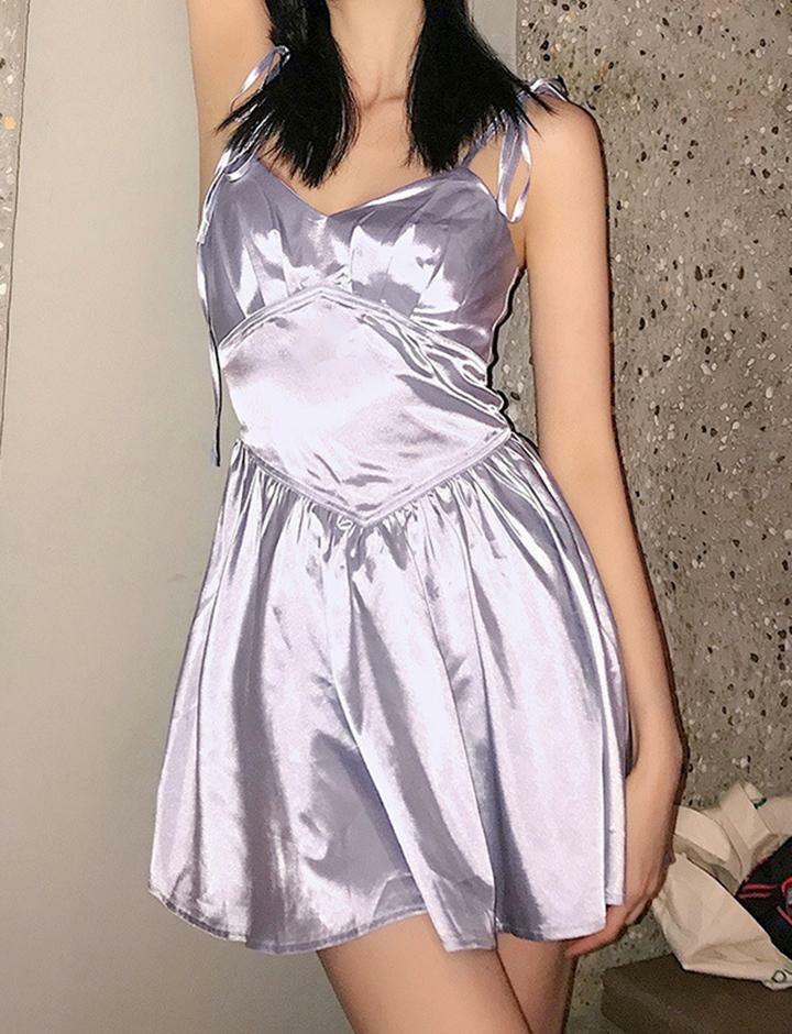 Ruffled Purple Satin V Neck Backless Dress with Tie Belt - Y2K Coquette Aesthetic