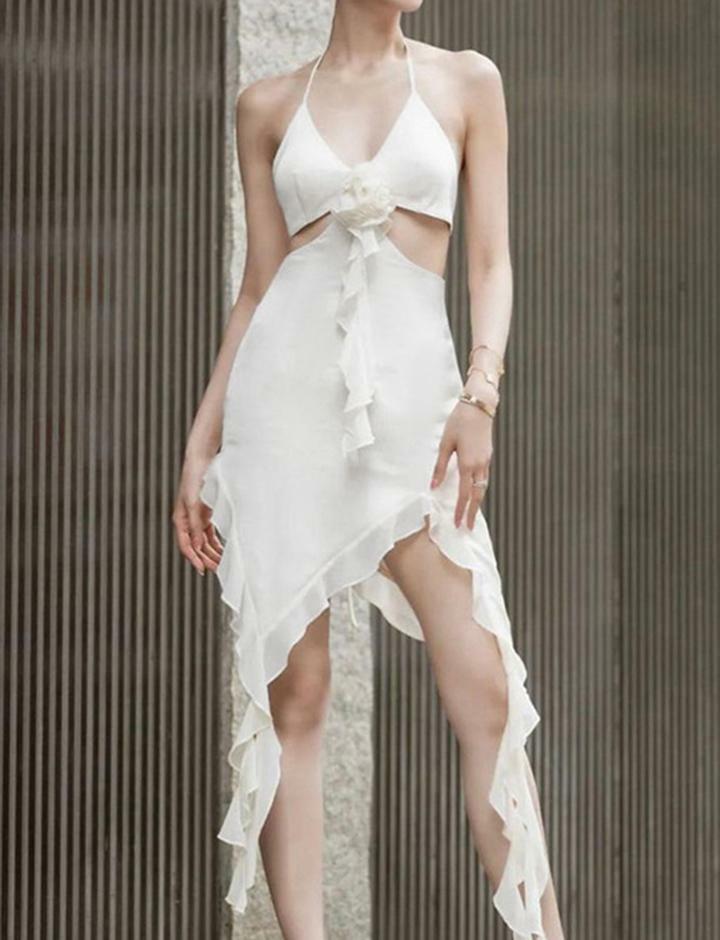 Ruffled Ribbon Strap Hollow Out Slim Y2K Spice Girl Dress - Cute Coquette Aesthetic Fashion