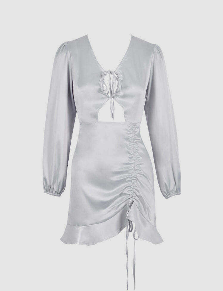 Ruffled Satin Drawstring Ruching Dress - Y2K Aesthetic, Coquette Style, Cute & Comfy