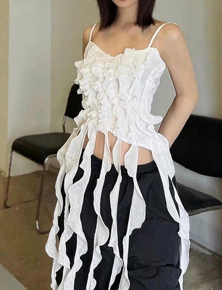 Ruffled Tassel Y2K Summer Party Crop Camisole - Cute Coquette & Grunge Aesthetic Top