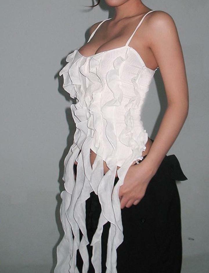 Ruffled Tassel Y2K Summer Party Crop Camisole - Cute Coquette & Grunge Aesthetic Top