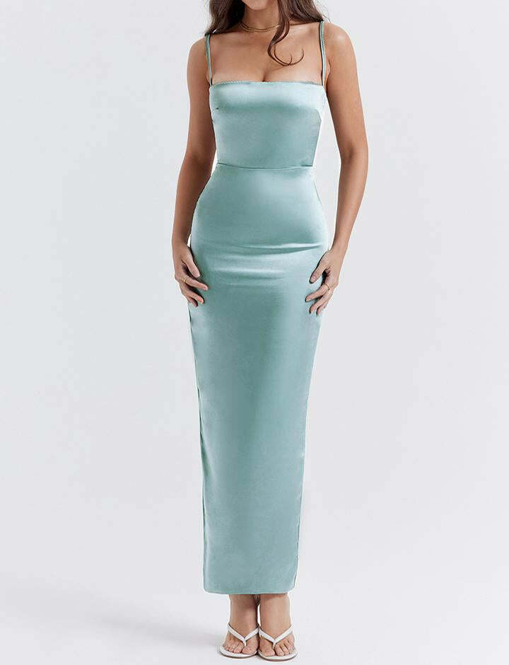 Satin & Lace-Trimmed Slit Wrap Gown Dress - Y2K Aesthetic, Coquette Style, Cute Evening Wear