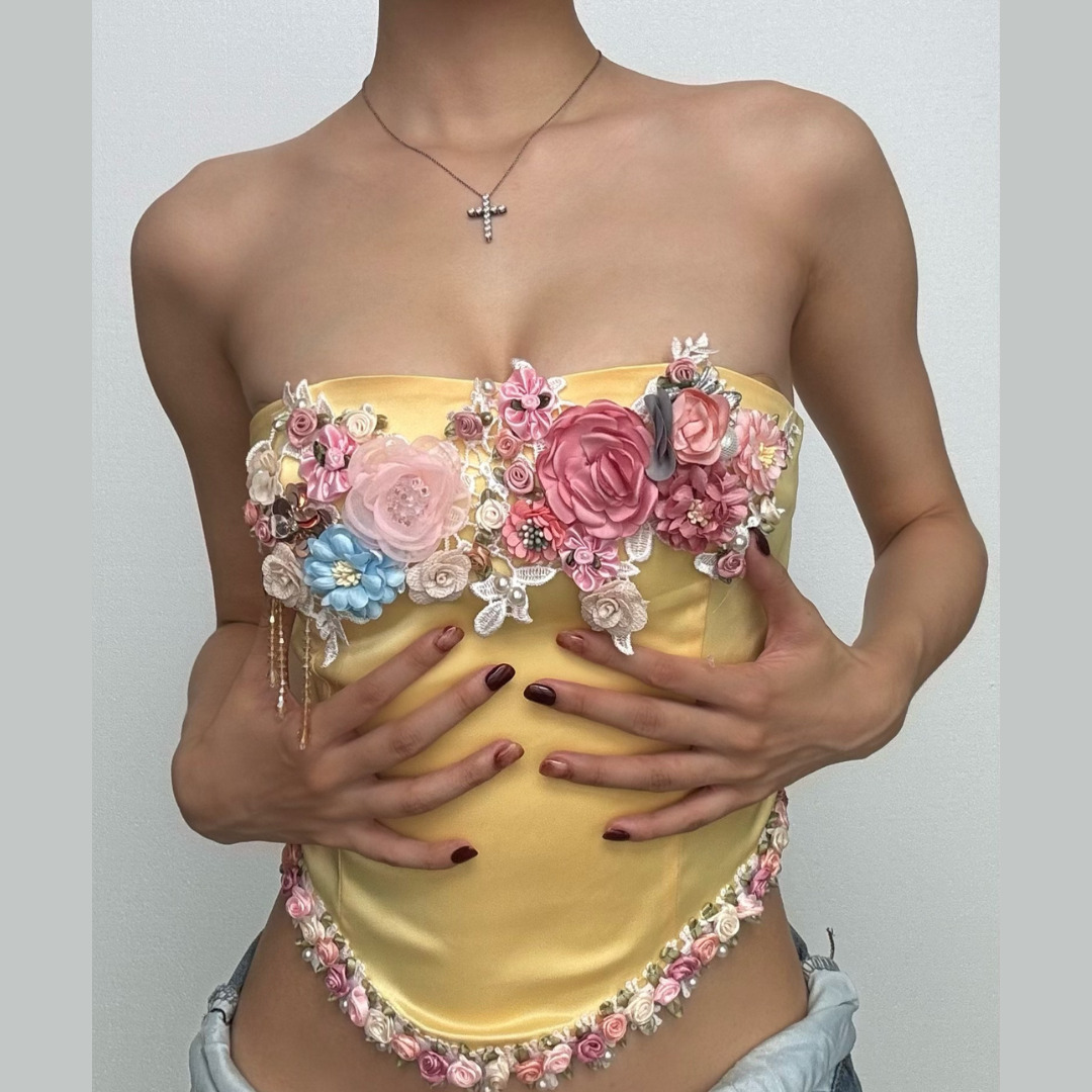 Satin Bustier Tube Top with Flower Applique - Y2K Aesthetic Cute Crop Top for Stylish Outfits