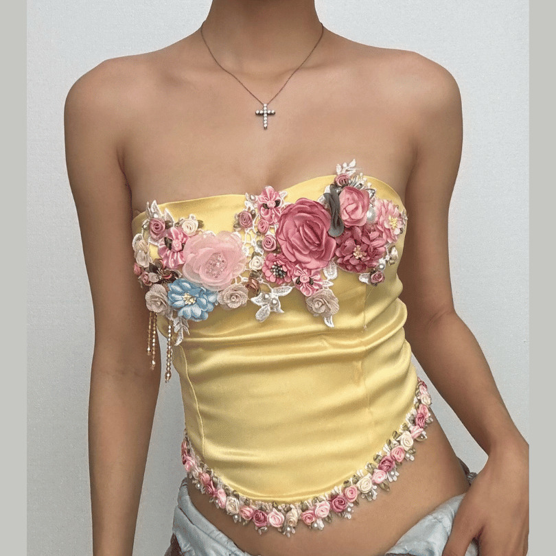 Satin Bustier Tube Top with Flower Applique - Y2K Aesthetic Cute Crop Top for Stylish Outfits