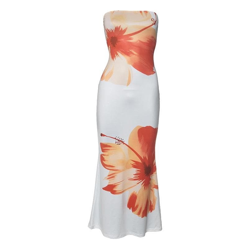Satin Floral Print Backless Tube Midi Dress - Y2K Aesthetic, Coquette Style, Cute Outfits