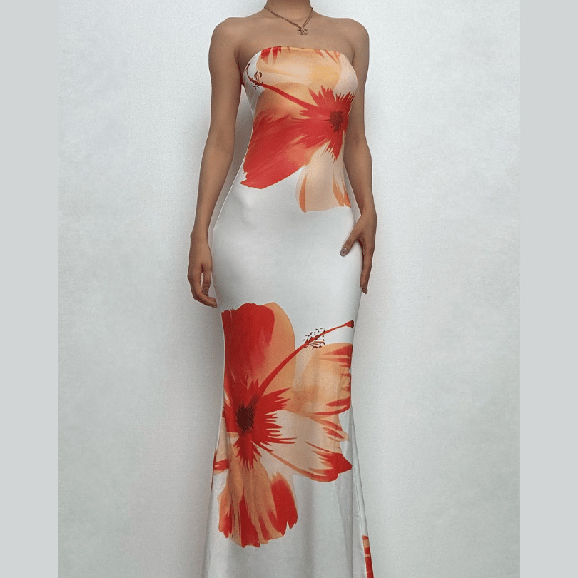 Satin Floral Print Backless Tube Midi Dress - Y2K Aesthetic, Coquette Style, Cute Outfits