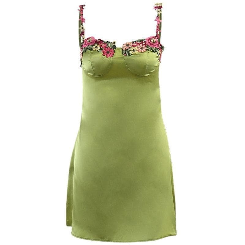 Satin Flower Applique Y2K Mini Dress with Contrast Zip-Up - Cute Coquette Aesthetic Style