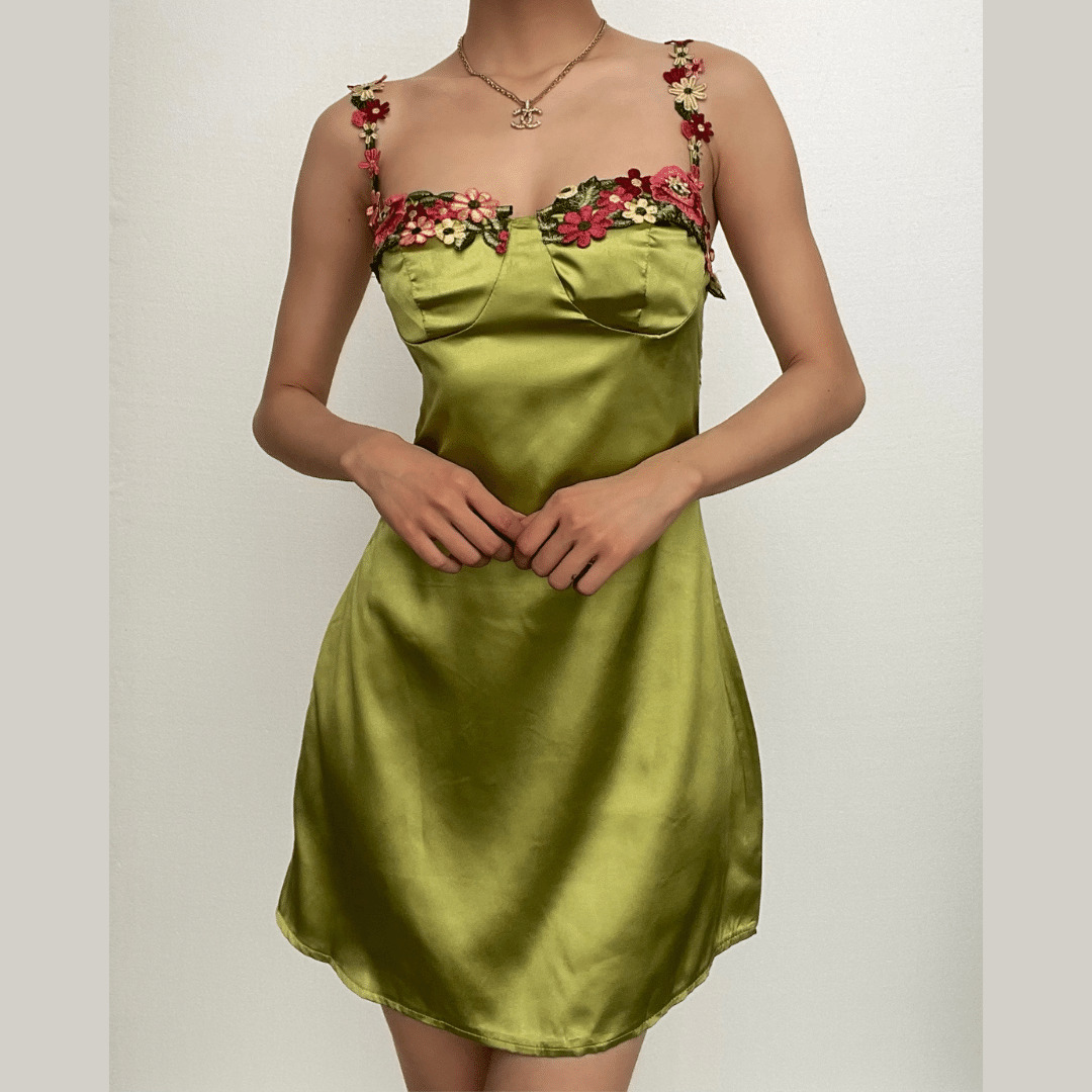 Satin Flower Applique Y2K Mini Dress with Contrast Zip-Up - Cute Coquette Aesthetic Style