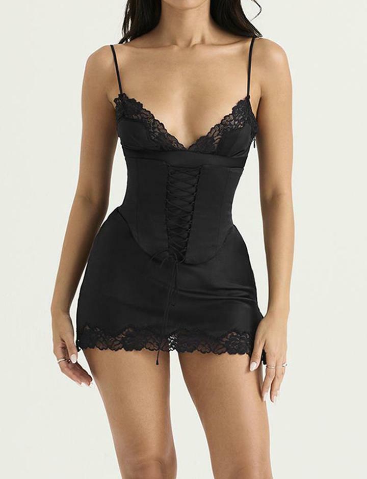Satin Lace Stitching Slit Slim Suspender Mini Dress - Y2K Coquette Aesthetic Fashion