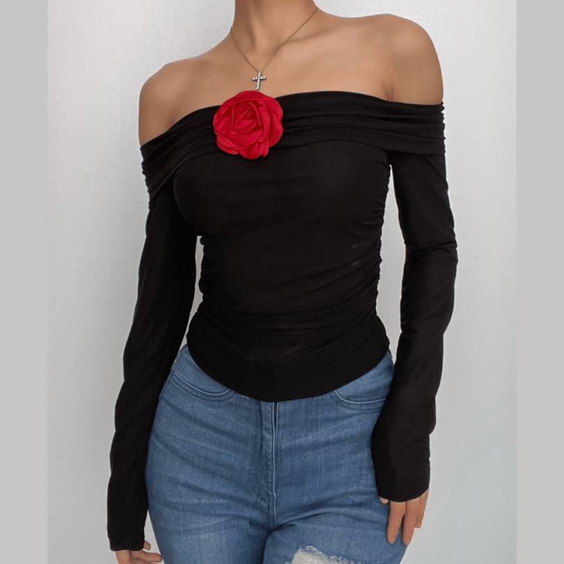 See-Through Flower Appliqu� Off-Shoulder Ruched Long Sleeve Top - Y2K Coquette Aesthetic