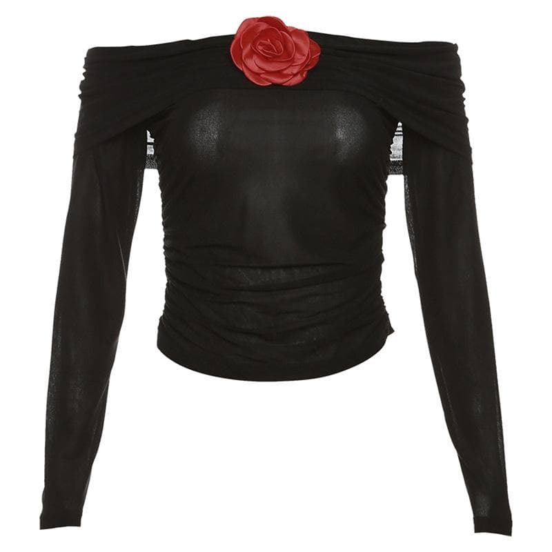 See-Through Flower Appliqu� Off-Shoulder Ruched Long Sleeve Top - Y2K Coquette Aesthetic