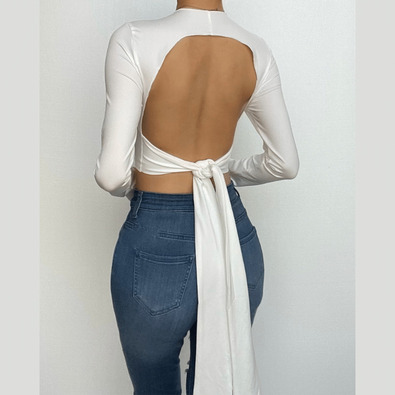 Self-Tie Backless Long Sleeve Crewneck Top - Y2K Fashion, Coquette Aesthetic, Cute Tops