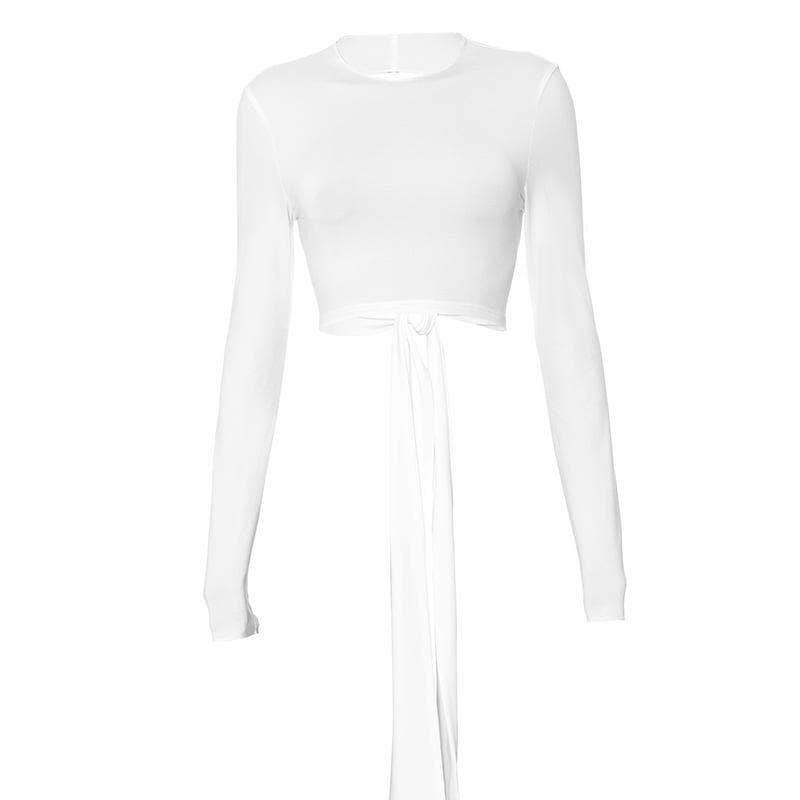 Self-Tie Backless Long Sleeve Crewneck Top - Y2K Fashion, Coquette Aesthetic, Cute Tops