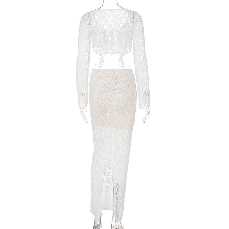 Self-Tie Contrast Lace Ruched Long Sleeve Maxi Skirt Set - Y2K Coquette Aesthetic Outfit