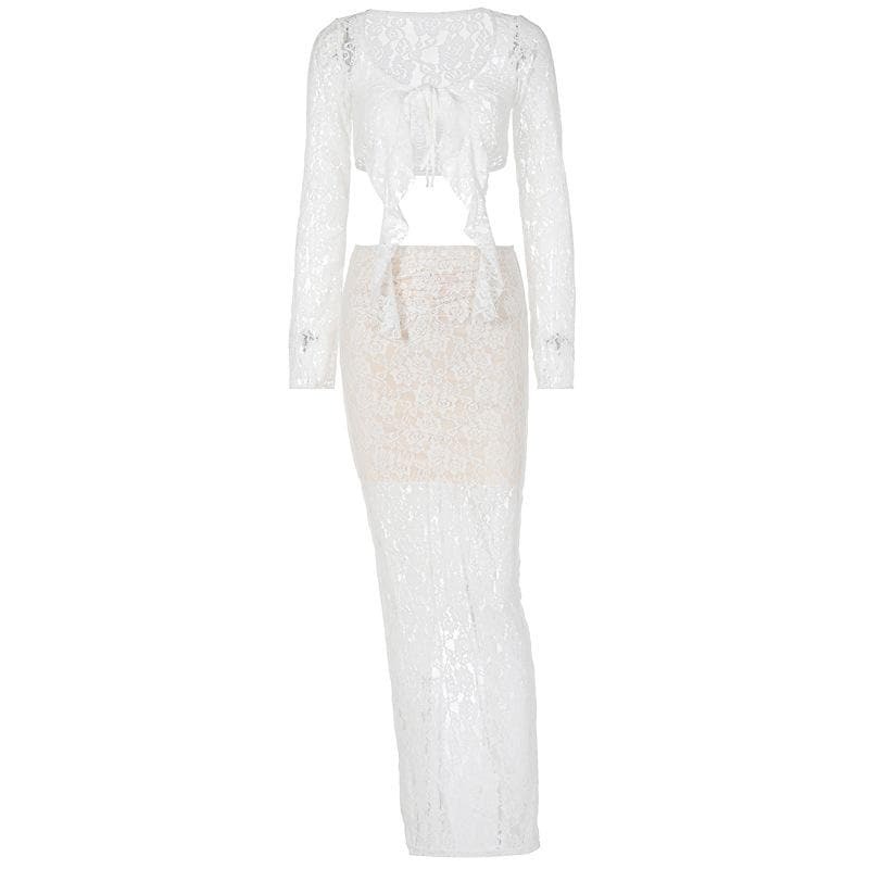 Self-Tie Contrast Lace Ruched Long Sleeve Maxi Skirt Set - Y2K Coquette Aesthetic Outfit