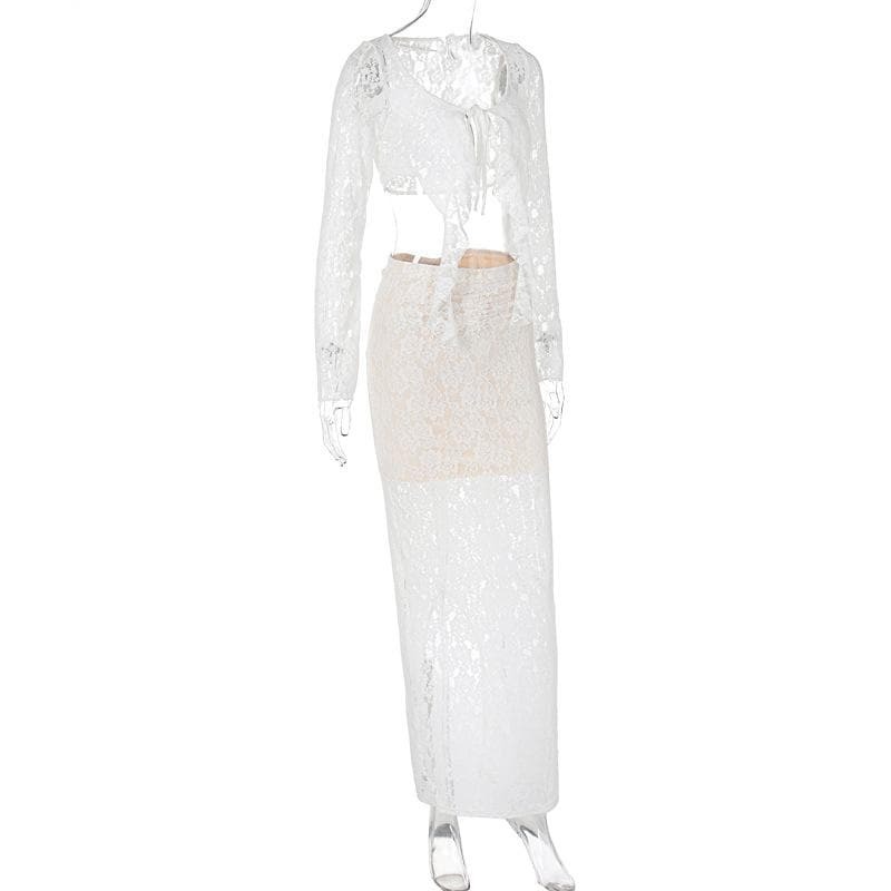 Self-Tie Contrast Lace Ruched Long Sleeve Maxi Skirt Set - Y2K Coquette Aesthetic Outfit