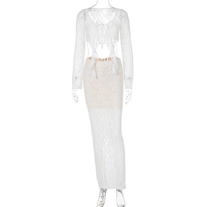 Self-Tie Contrast Lace Ruched Long Sleeve Maxi Skirt Set - Y2K Coquette Aesthetic Outfit