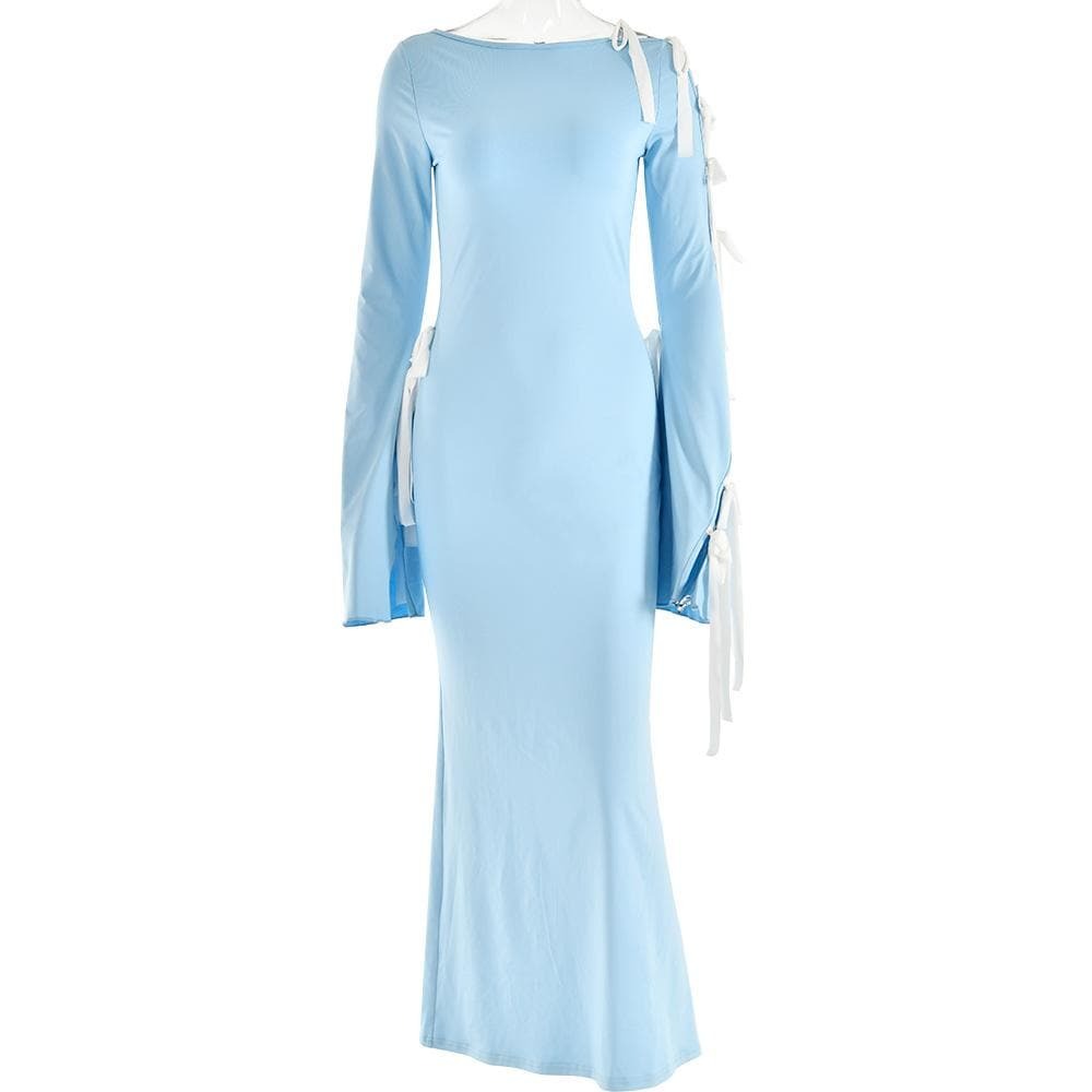 Self-Tie Irregular Contrast Long Sleeve Slit Maxi Dress - Y2K Aesthetic & Coquette Style