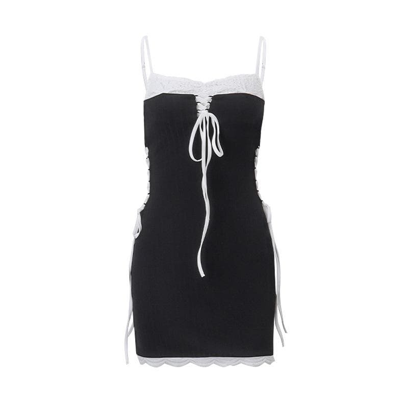 Self-Tie Lace-Up Backless Patchwork Cami Mini Dress - Y2K Aesthetic & Coquette Style