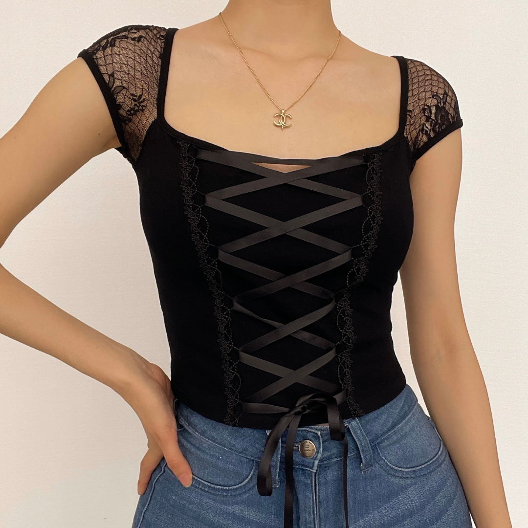 Self-Tie Lace Hem Square Neck Crop Top - Y2K Aesthetic Cute Top for Coquette & Grunge Styles