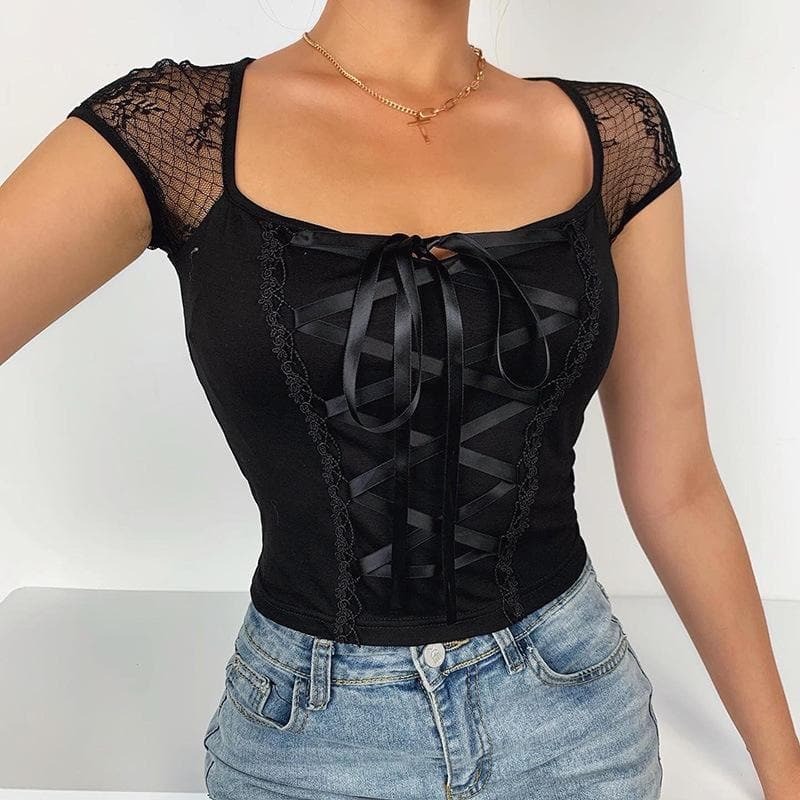 Self-Tie Lace Hem Square Neck Crop Top - Y2K Aesthetic Cute Top for Coquette & Grunge Styles
