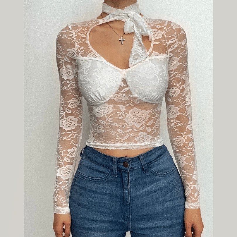 Self-Tie Lace Hollow Out Long Sleeve Top - Y2K Fashion, Coquette Aesthetic, Cute Crop Top