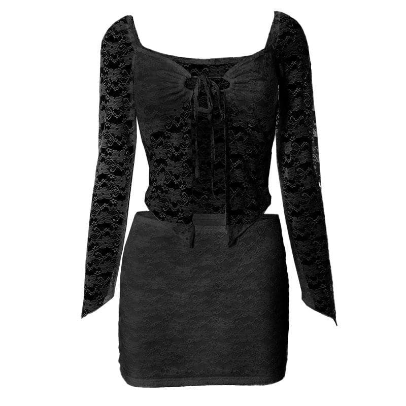 Self-Tie Long Sleeve Lace V-Neck Y2K Mini Skirt Set - Coquette & Grunge Aesthetic Outfit