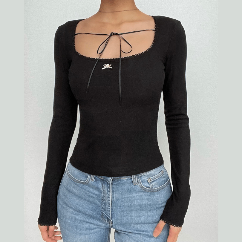 Self-Tie Long Sleeve Square Neck Top - Y2K Aesthetic Cute Crop for Coquette & Grunge Styles