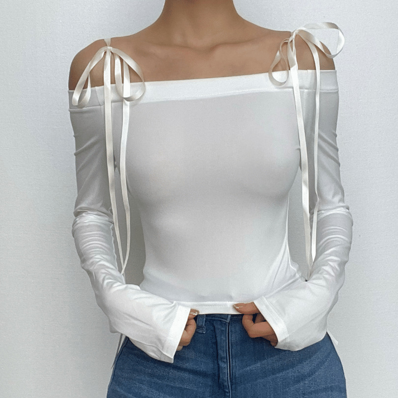 Self-Tie Off-Shoulder Long Sleeve Solid Top - Y2K Fashion, Coquette Aesthetic, Cute Tops
