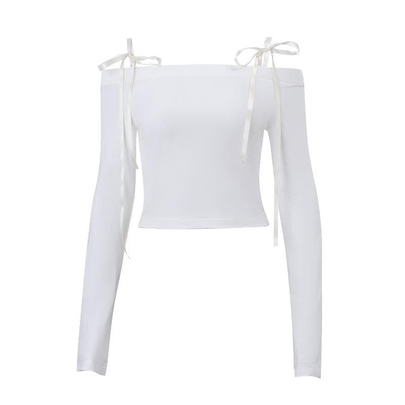 Self-Tie Off-Shoulder Long Sleeve Solid Top - Y2K Fashion, Coquette Aesthetic, Cute Tops