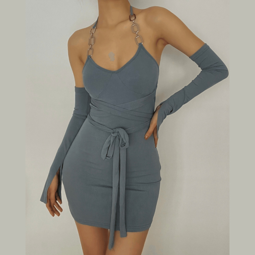 Self-Tie Ribbed Off-Shoulder Dress with Metal Chain - Y2K Aesthetic & Coquette Style