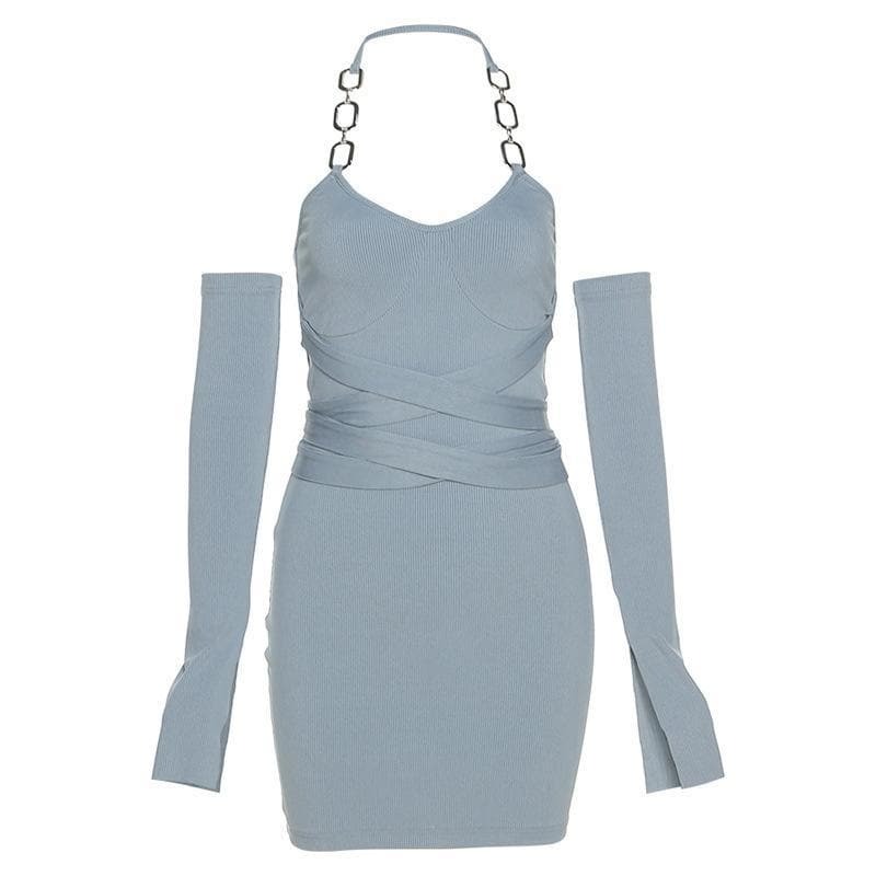 Self-Tie Ribbed Off-Shoulder Dress with Metal Chain - Y2K Aesthetic & Coquette Style