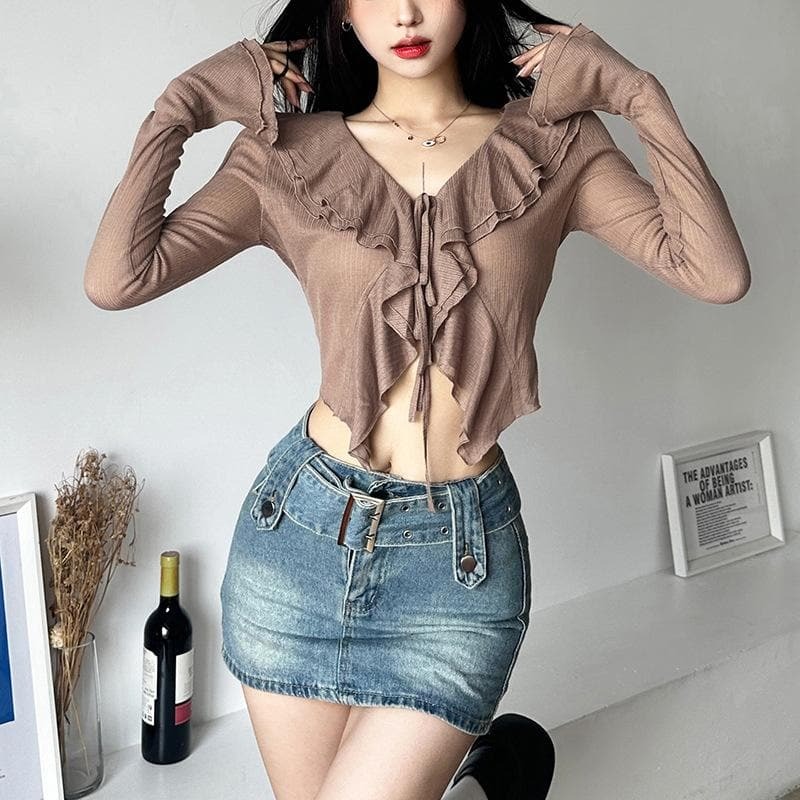 Self-Tie Ruffle V-Neck Crop Top - Y2K Fashion, Coquette Aesthetic, Cute Tops
