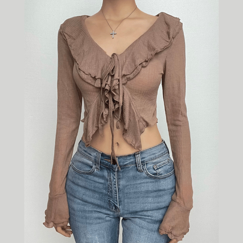Self-Tie Ruffle V-Neck Crop Top - Y2K Fashion, Coquette Aesthetic, Cute Tops