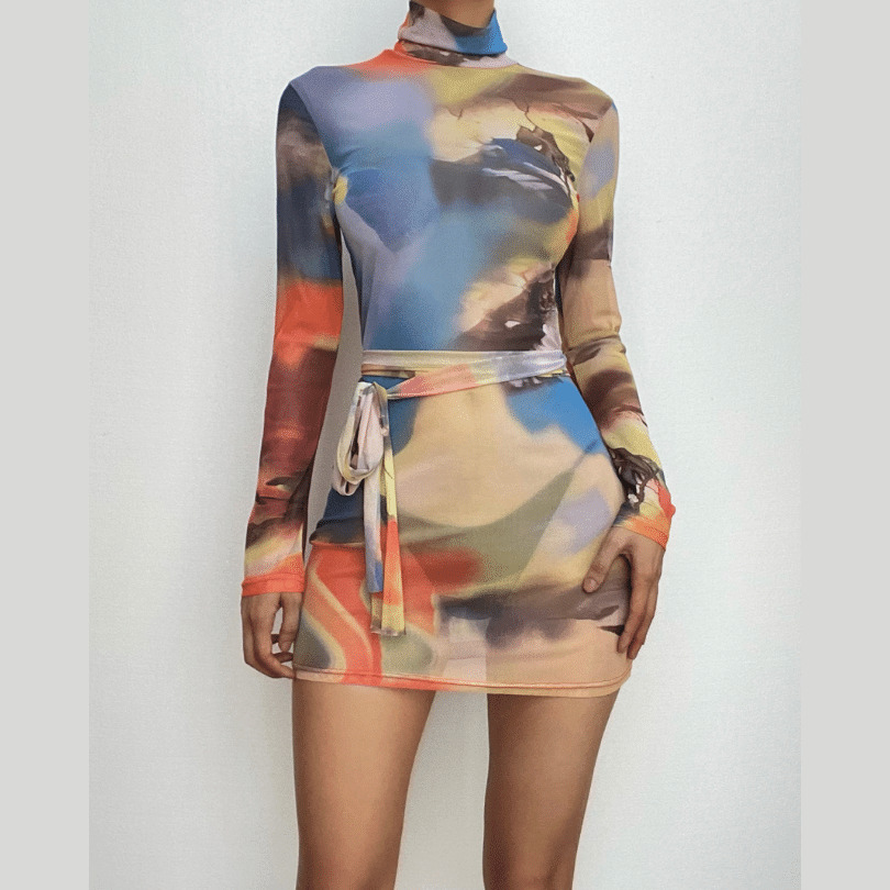 Self-Tie Sheer Mesh Long Sleeve High Neck Mini Dress - Y2K Coquette Aesthetic Fashion