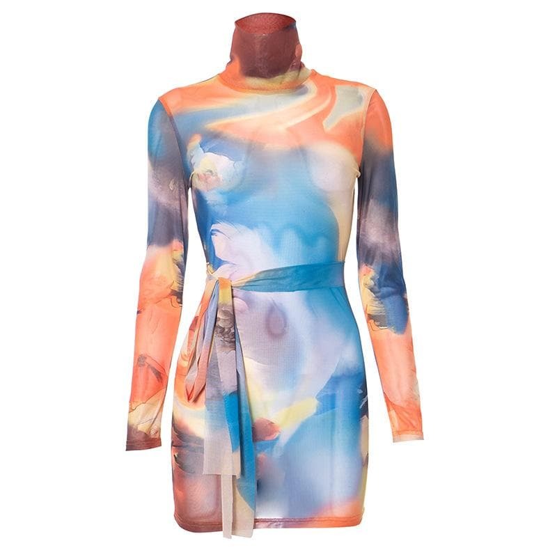 Self-Tie Sheer Mesh Long Sleeve High Neck Mini Dress - Y2K Coquette Aesthetic Fashion