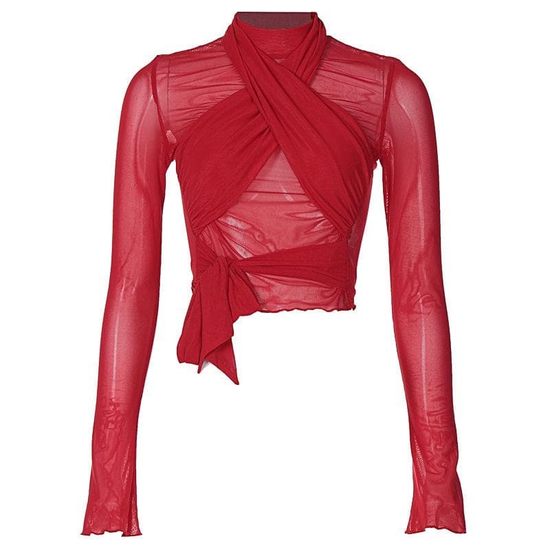 Self-Tie Solid Cross Front Ruched Long Sleeve Mesh Top - Y2K Aesthetic Cute Crop Top