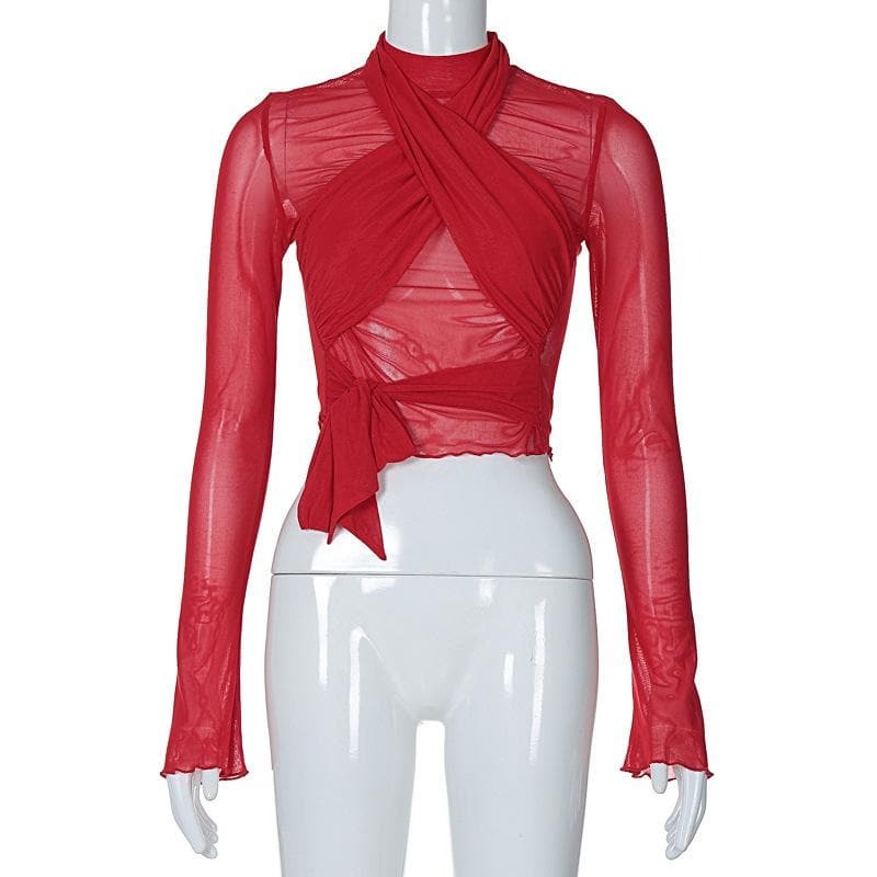 Self-Tie Solid Cross Front Ruched Long Sleeve Mesh Top - Y2K Aesthetic Cute Crop Top
