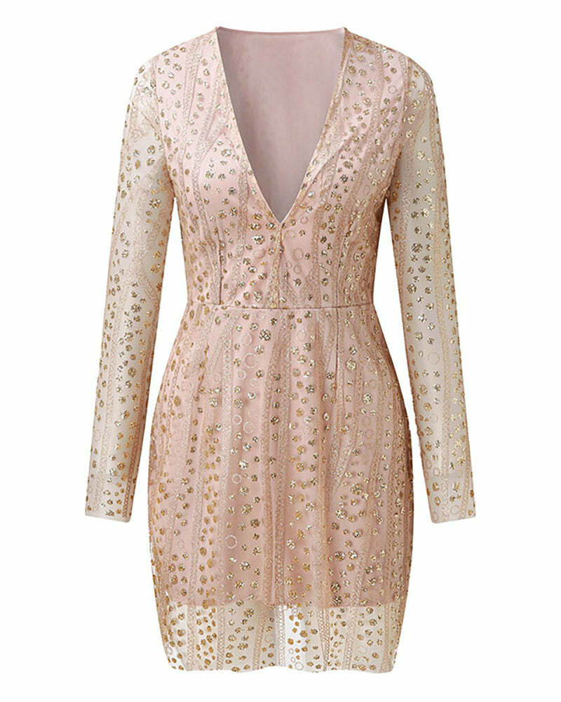 Sheer Long Sleeve Sequined Y2K Dress - Coquette Aesthetic Party Outfit for Grunge Style