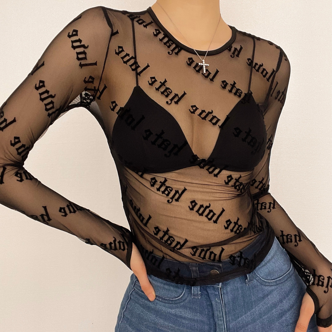 Sheer Mesh 'Hate Love' Print Long Sleeve Top - Y2K Aesthetic, Grunge Style, Cute Layering Piece