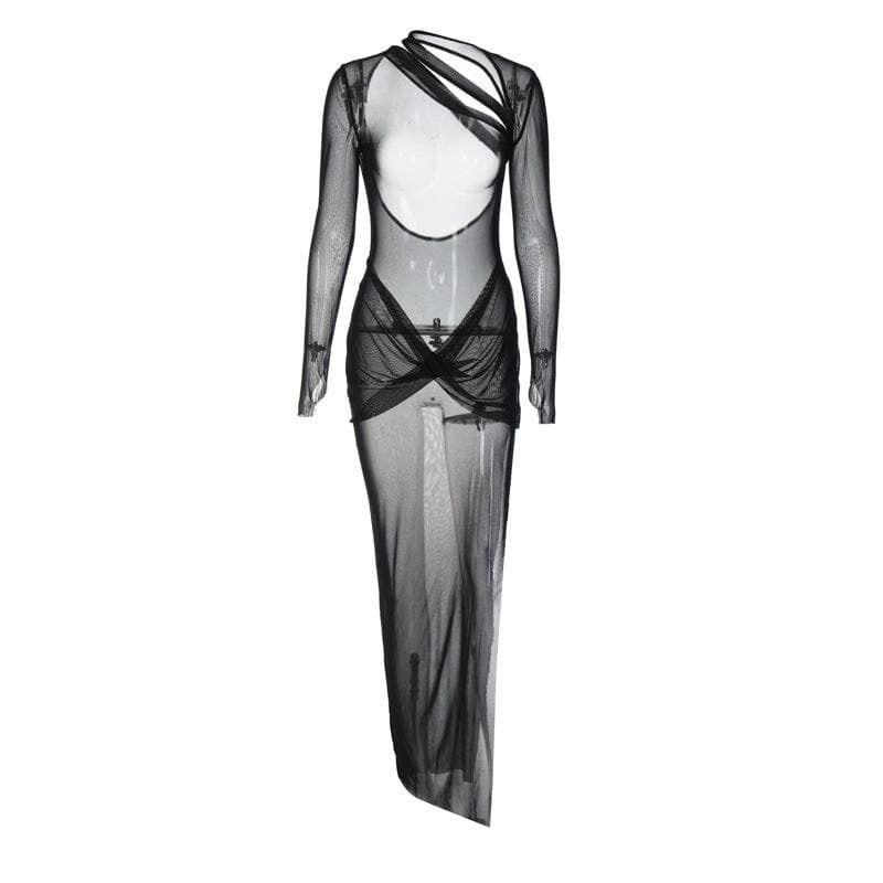 Sheer Mesh Backless Maxi Dress with Irregular Slit - Y2K Aesthetic & Grunge Style