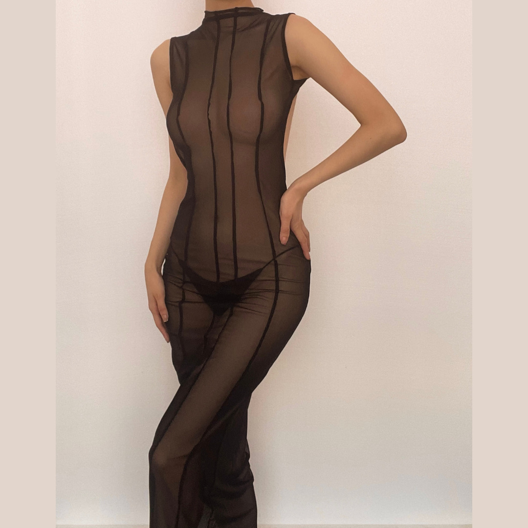 Sheer Mesh Backless Midi Dress - Y2K Aesthetic, Coquette Style, Perfect for Grunge Outfits