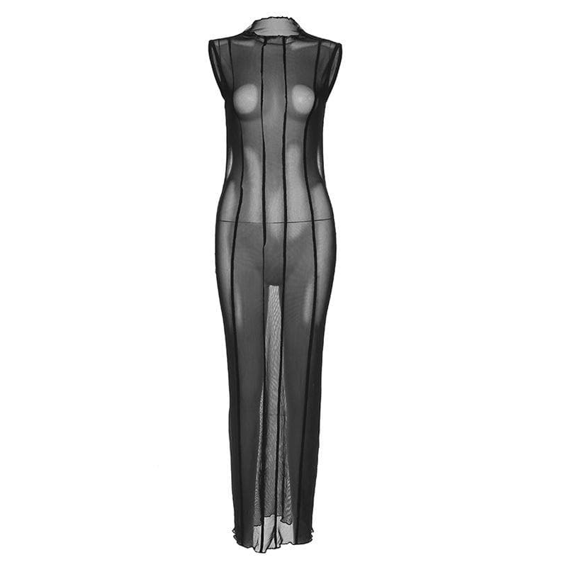 Sheer Mesh Backless Midi Dress - Y2K Aesthetic, Coquette Style, Perfect for Grunge Outfits