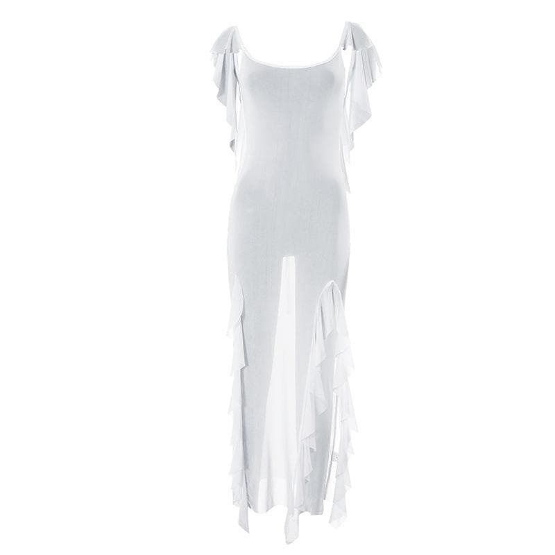 Sheer Mesh Backless Ruffle Slit Maxi Dress - Y2K Aesthetic, Coquette Style, Cute Evening Wear